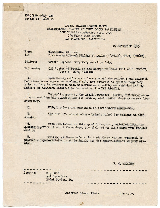 Original WWII US Marine Corps Aviation Duty Orders