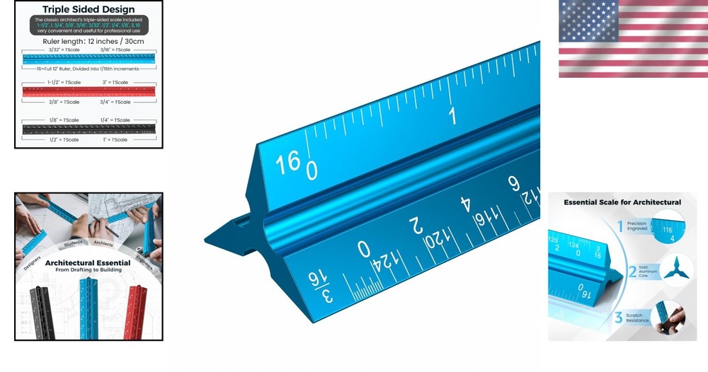 12" Triangular Architectural Scale Ruler - Durable Aluminum Precision Tool