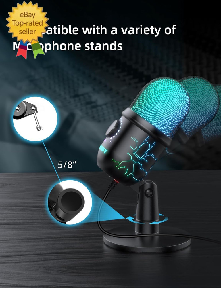 Gaming Microphone, USB Computer Microphone for PC, Mac, PS4/5, Condenser