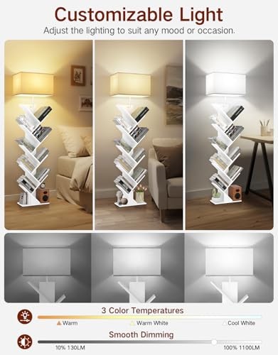 9 Tier Tree Bookshelf with Light, Remote & Timer, Dimmable Tall Floor White