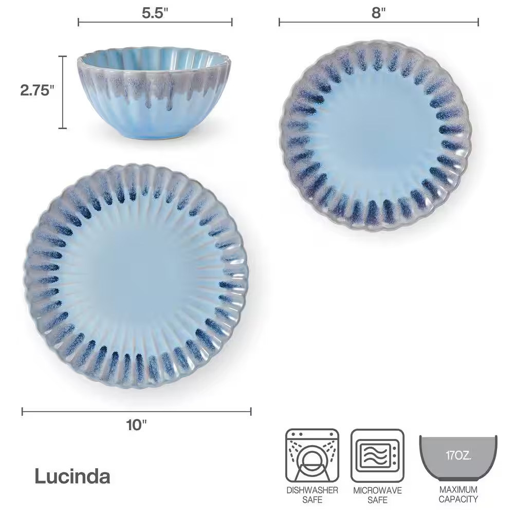 Lucinda 12-Pieces Stoneware Dinnerware Set, Blue/Gray, Service for 4