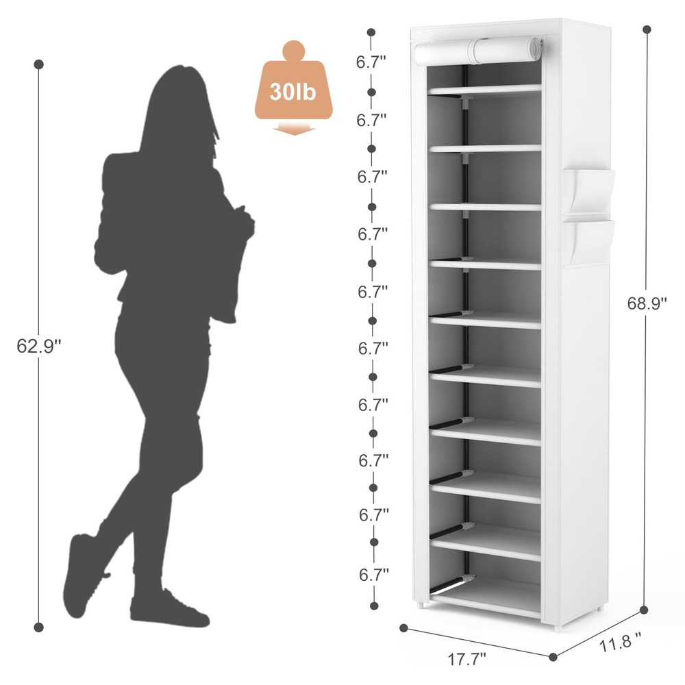VTRIN Vertical Narrow Shoe Rack Organizer 10 Tiers Regular Version, White