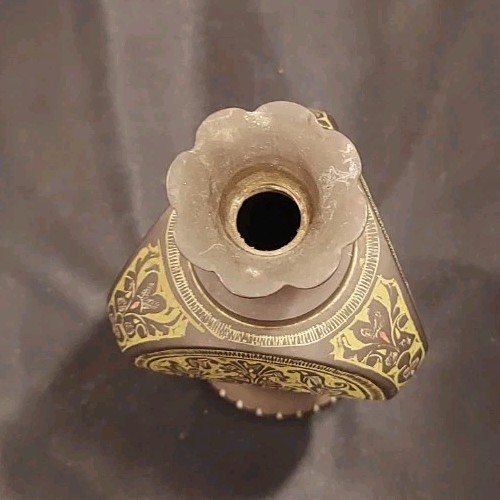 Three-Sided Indian Brass Enamel Hand Painted Floral Vase
