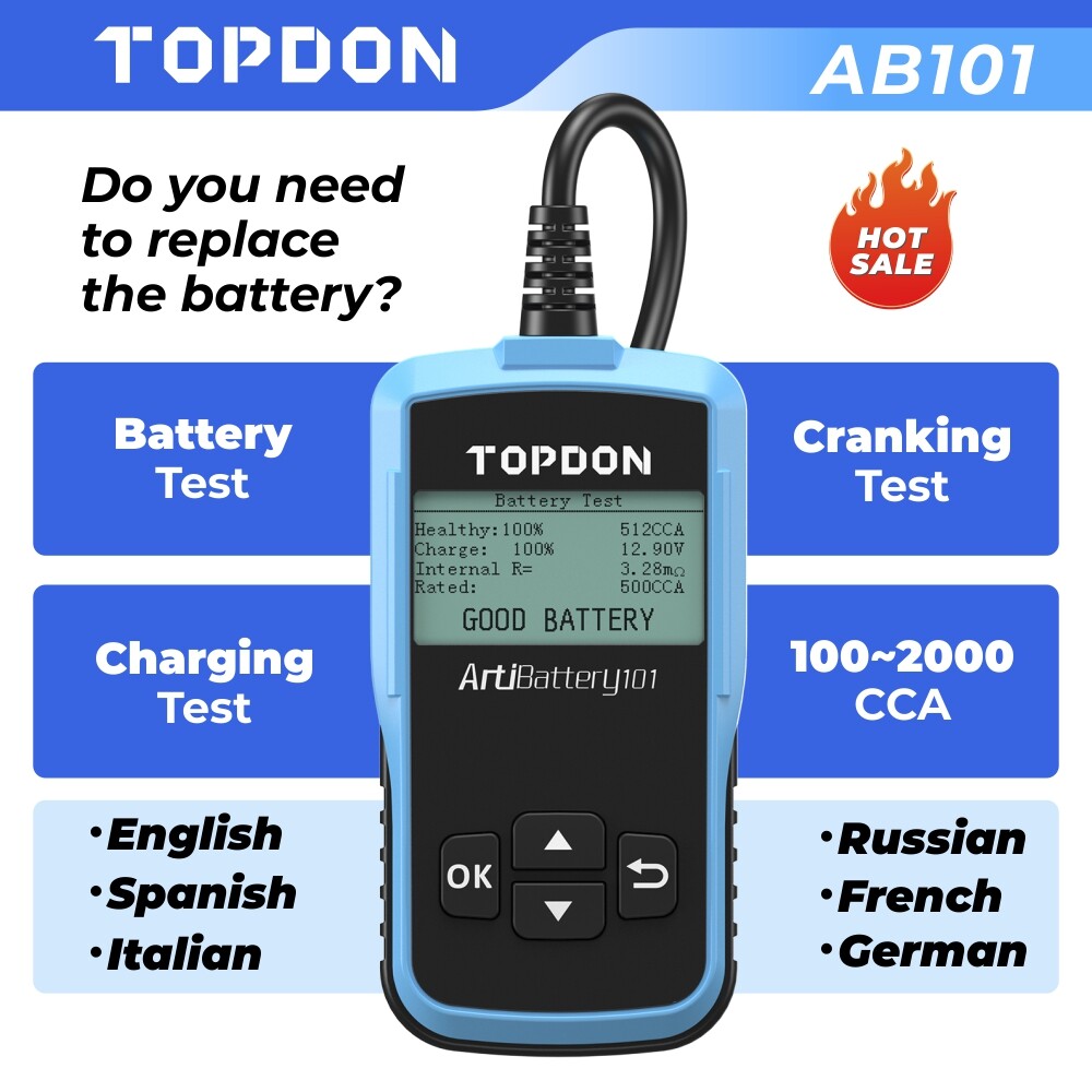 TOPDON AB101 Battery Tester 12V Load Charging System Analyzer 100-2000CCA