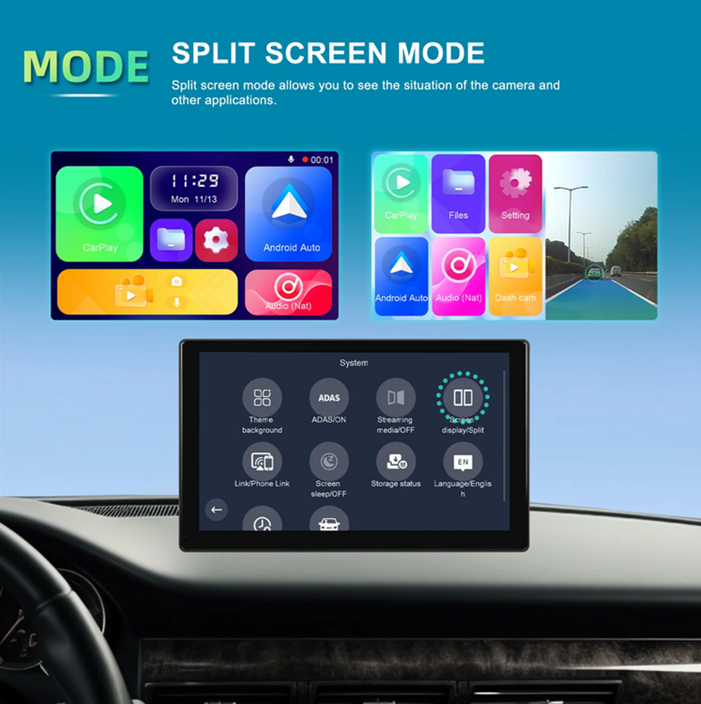 Car Monitor ADAS Front Dash Cam Foldable Wireless For Apple Carplay Android Auto