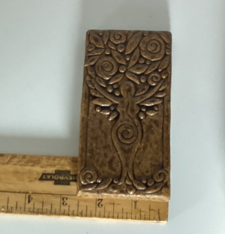 Tree Goddess Rectangle Art Pottery Tile Brown Drip Glazed
