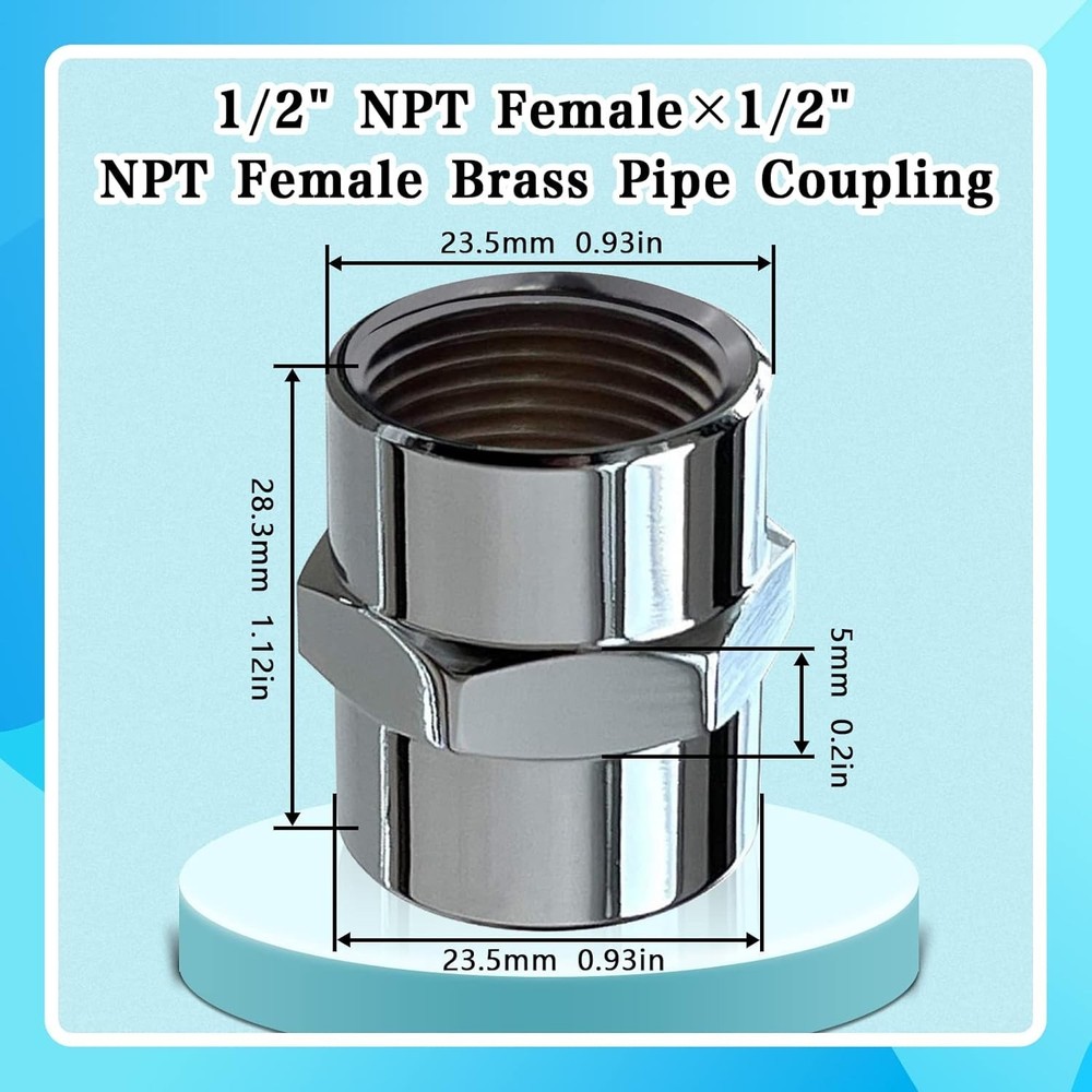 2 Pack 1/2" x NPT Female, Chrome Plated Shower Head Coupling