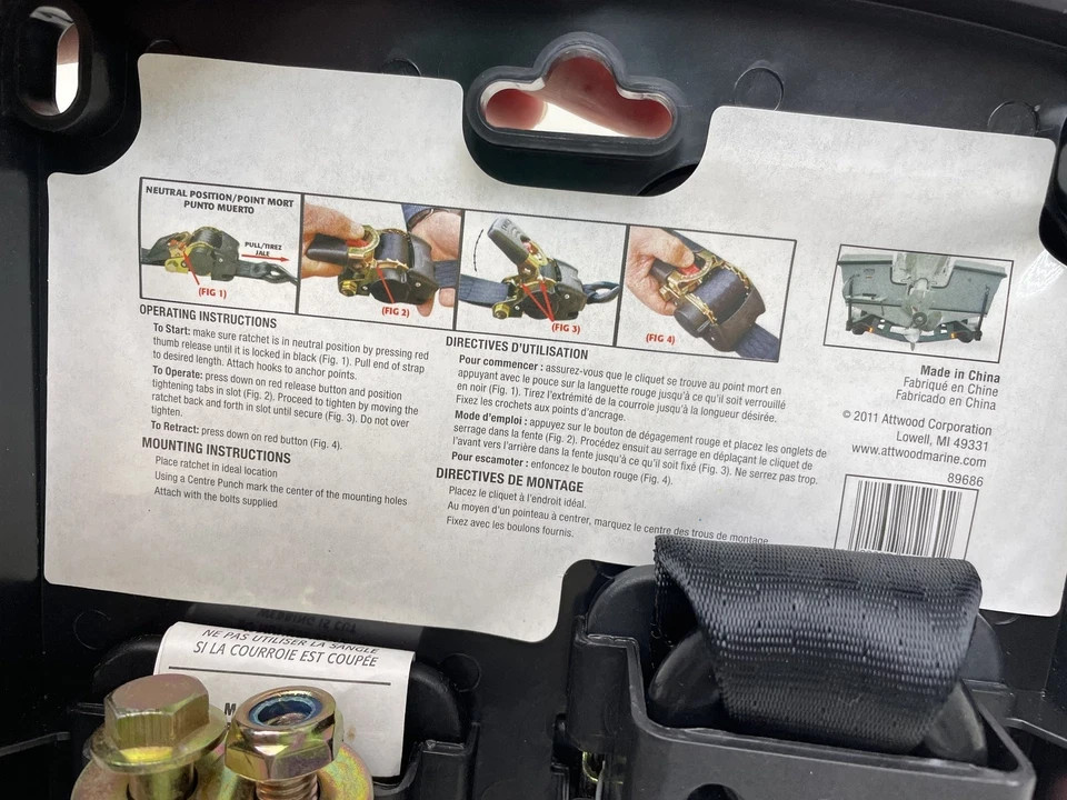 Attwood Retractable Transom Tie Down Straps Boat Trailer Cargo Security 4000lb