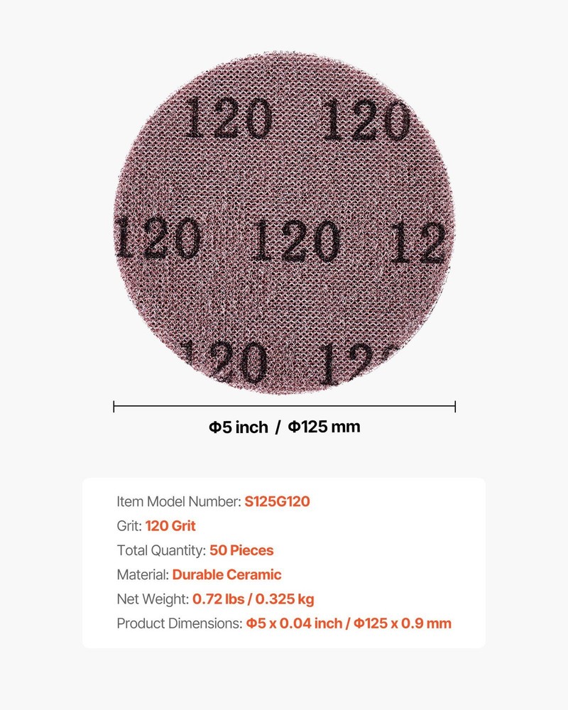 120 Grit Ceramic Mesh Sanding Discs 5" 50PCS - Durable Abrasive Pads
