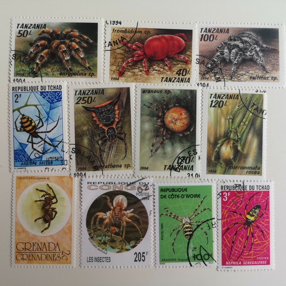10 Different Spiders on Stamps Collection - Arachnids