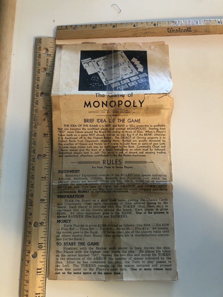 1935 Monopoly Game Rules only                                          A1