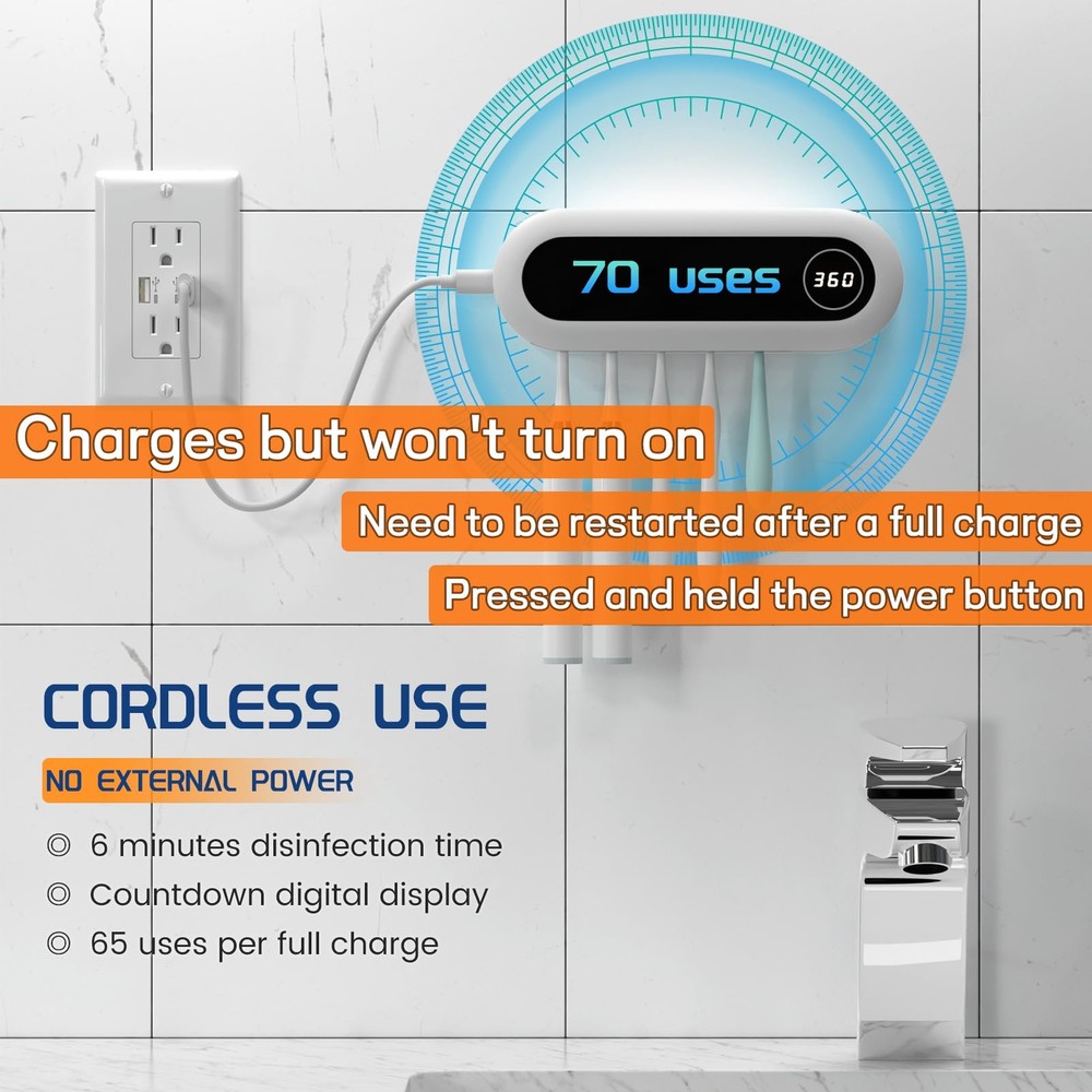 Wall Mounted Toothbrush Holder with Timer Function Cordless for 5 Toothbrushes