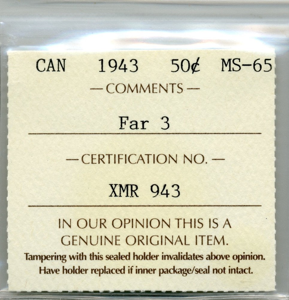 1943 Canada 50 Cents, Far 3 - GEM Uncirculated, ICCS MS65