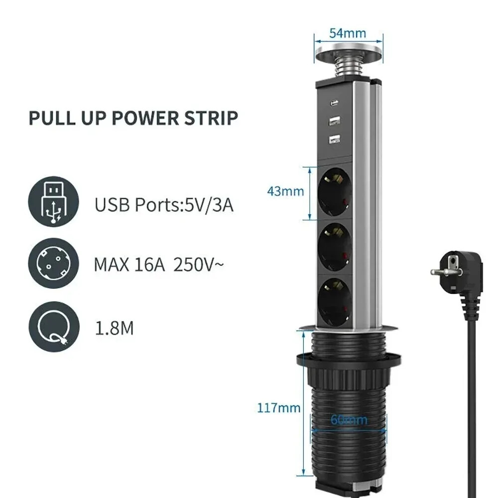 Melery Vertical EU Power Outlet Kitchen Pop Up Power Tabletop 2USB Type-C Socket