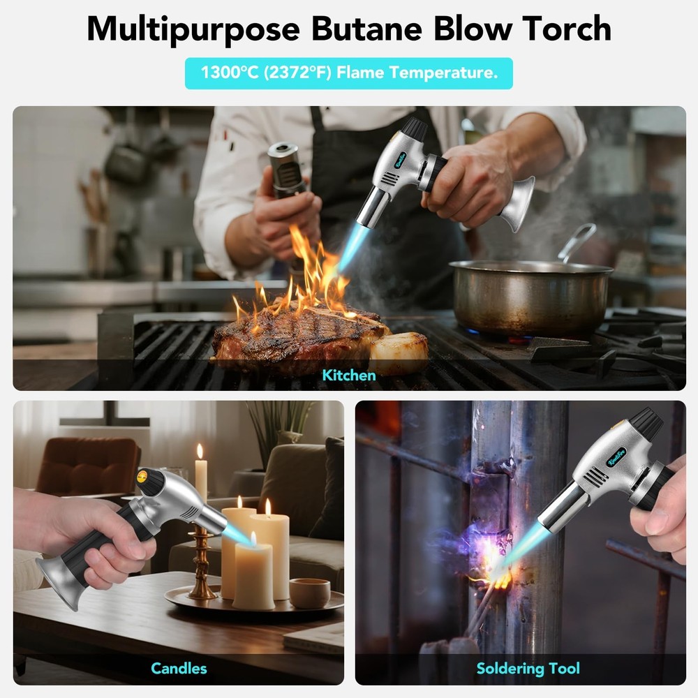 KinetiFire Butane Torch Lighter, Refillable Silver