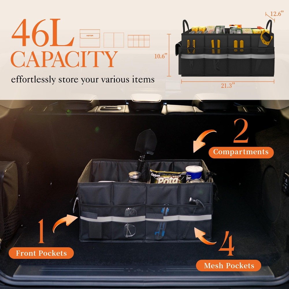 HOTOR Trunk Organizer - Car with 5 Pockets, Medium, Black
