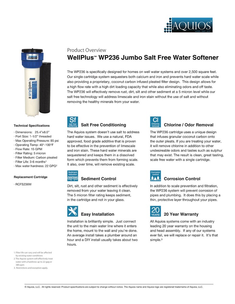 Aquios® WellPlus™ Jumbo Salt Free Water Softener & Filter System with ScalePlus™
