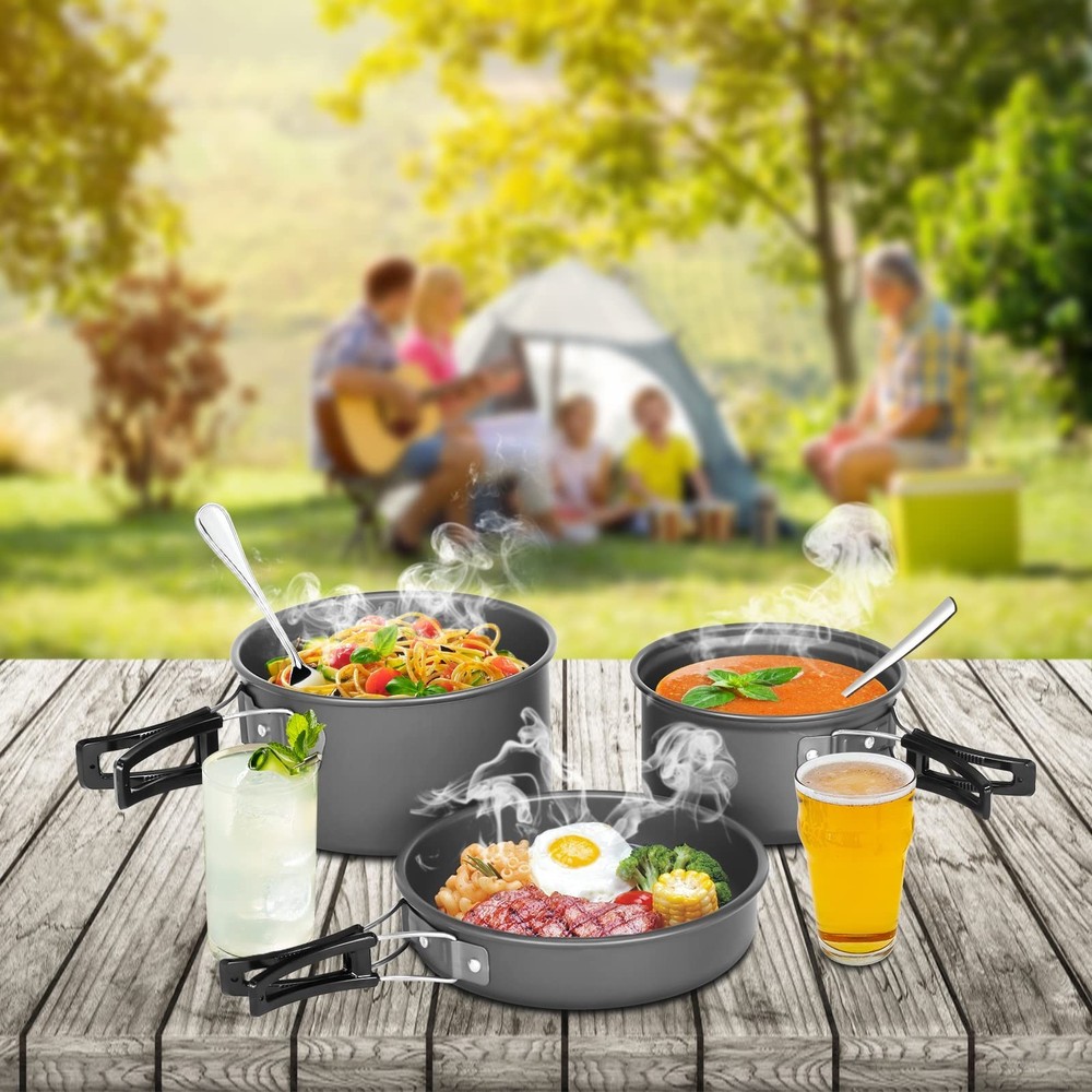 Lixada 10pcs Camping Cookware Mess Kit, Non-Stick Lightweight Stackable Pot P...