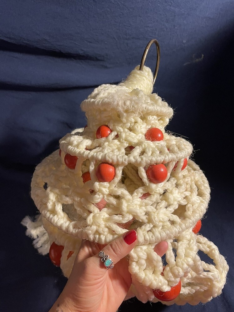 Vintage Macrame Hanger White With Red Beads