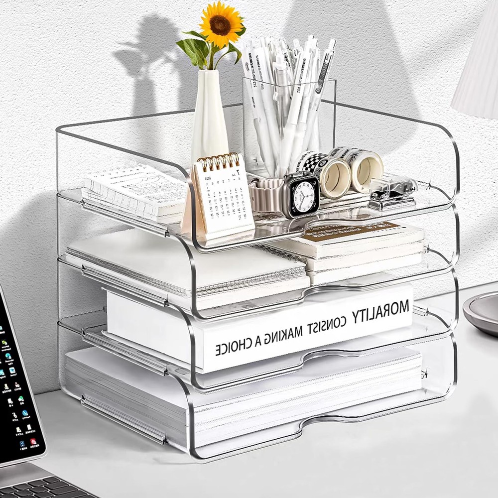 Clear Stackable Paper Trays 4 Pack, PET Letter 4 Count (Pack of 1),