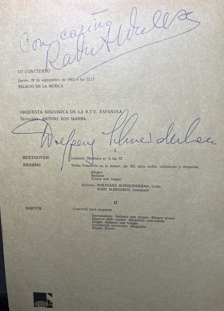 SIGNED Wolfgang SCHNEIDERHAN/Radu ALDULESCU Barcelona 1967 Program JSA COA Mint-