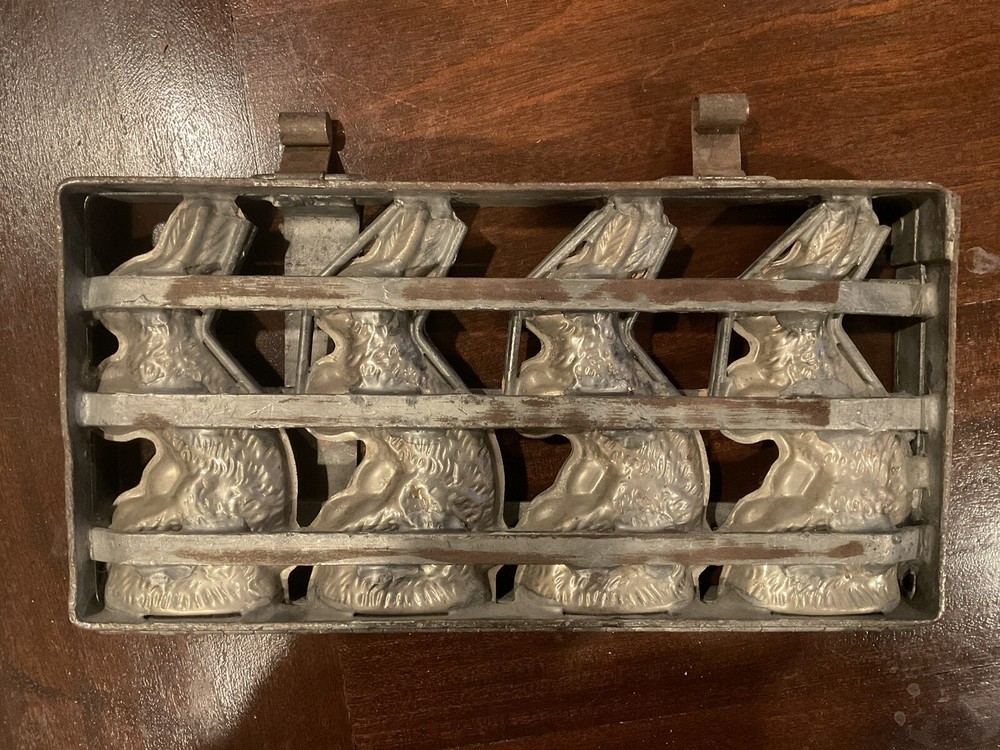 VINTAGE EASTER RABBIT SOLID CHOCOLATE STRAP CANDY MOLD METAL HINGED. Four Molds.