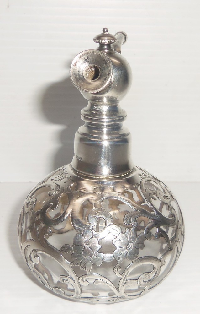 Antique Birmingham, England Sterling Silver Overlay Atomizer Perfume Bottle