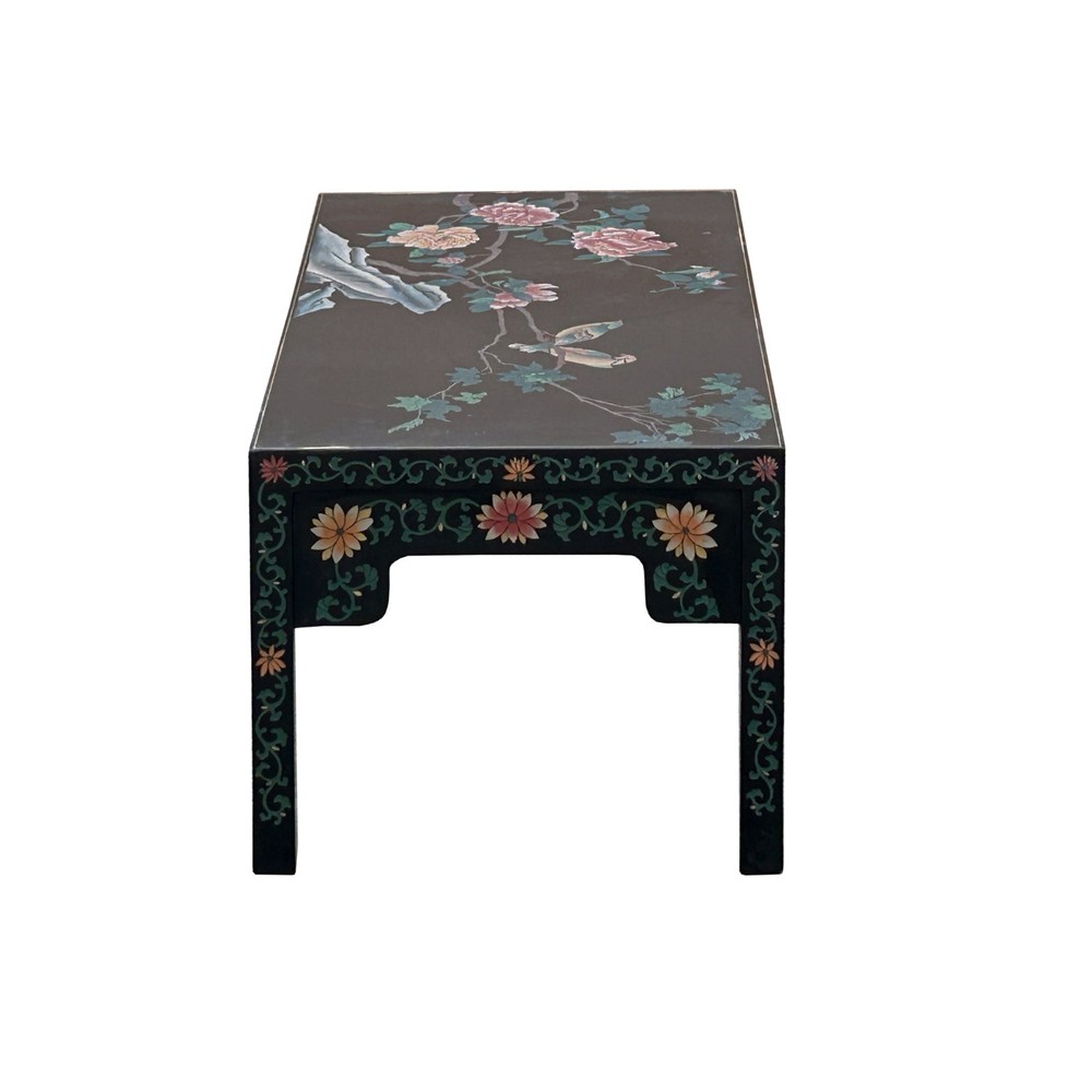 Chinese Black Lacquer Flower Birds Graphic Rectangular Low Coffee Table GB144