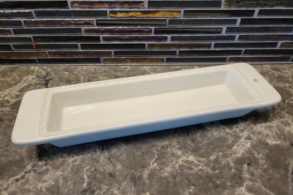 NORA FLEMING STONEWARE CRACKER TRAY 12" WHITE PEARL DOT RECTANGLE SERVING DISH