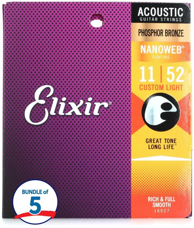 Elixir Strings 16027 Nanoweb Phosphor Bronze Acoustic Guitar Strings - .011-.052