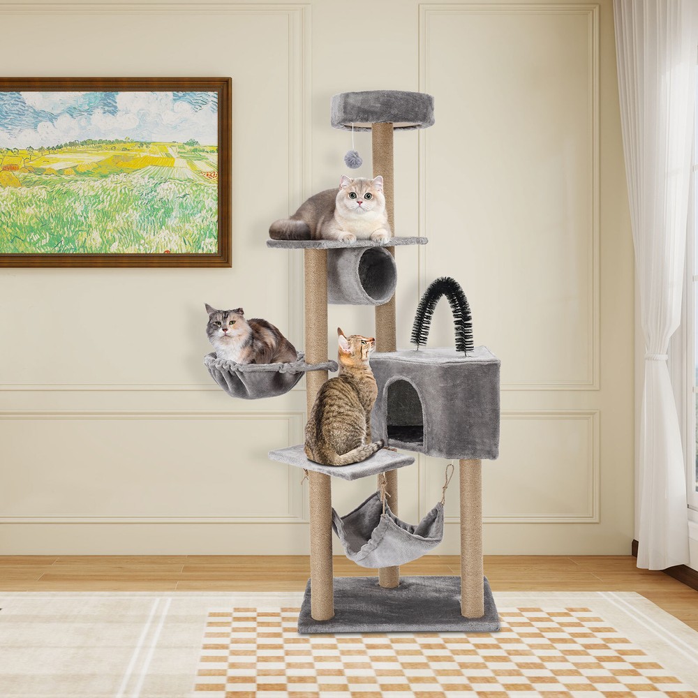 Floor Standing Scratching Post Multi-Level Cat Tower Climbing Frame Silvery Grey