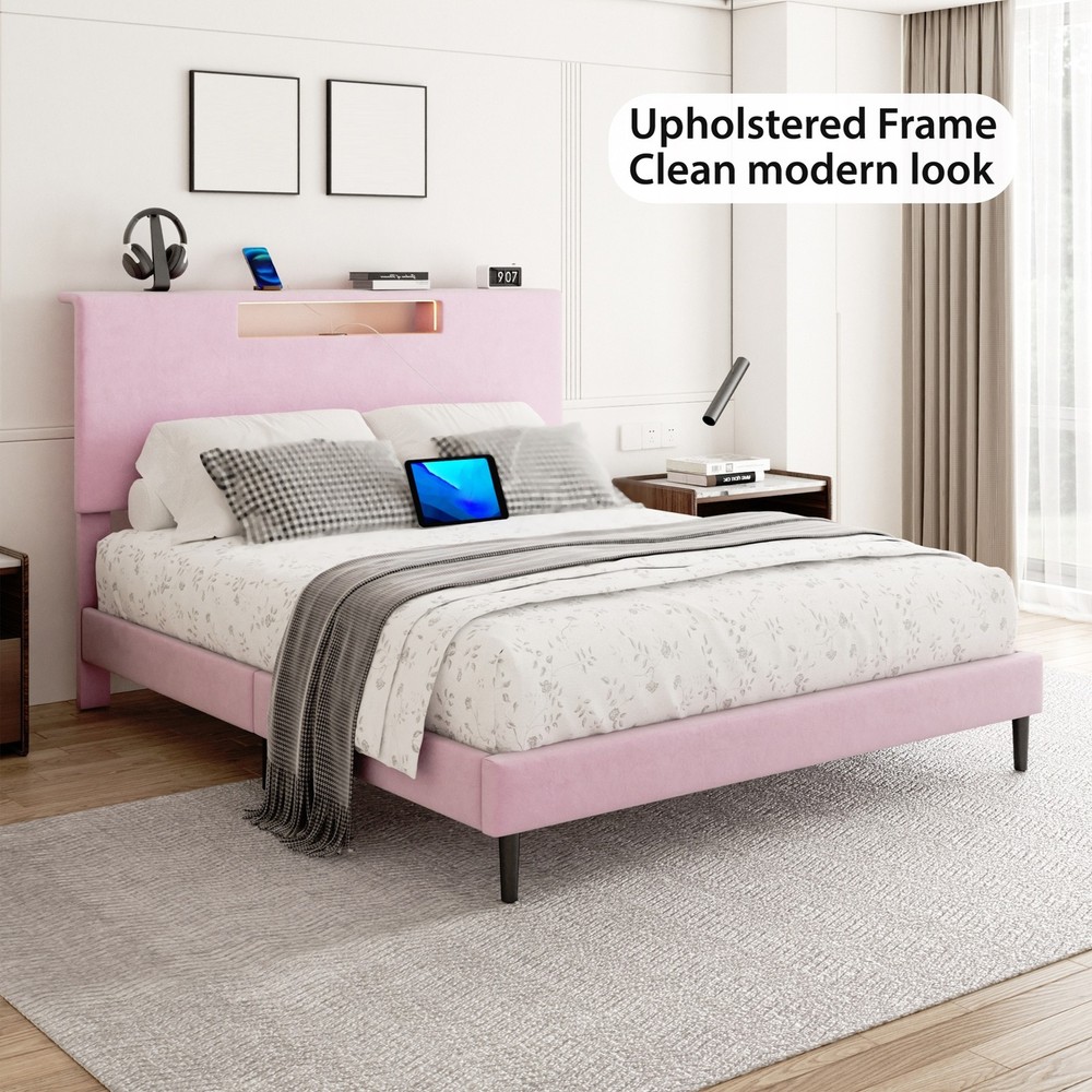 Wooden Bed Frame Full Slat Support Platform Bed With High Headboard LED Lights
