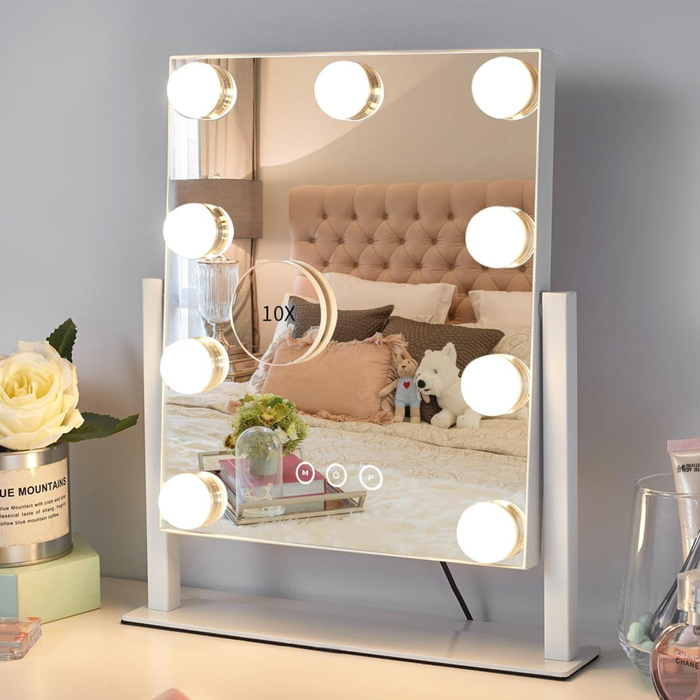 Lighted Vanity Mirror with 9 Dimmable Bulbs and 10X Magnification, White