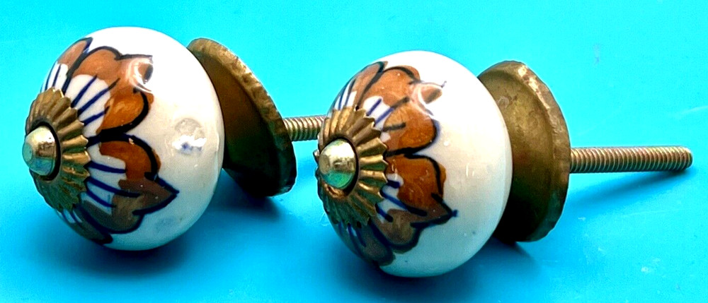 2 Vintage Ceramic Knobs with Hardware Ivory Brown Blue Flower  1 1/2" x 1"