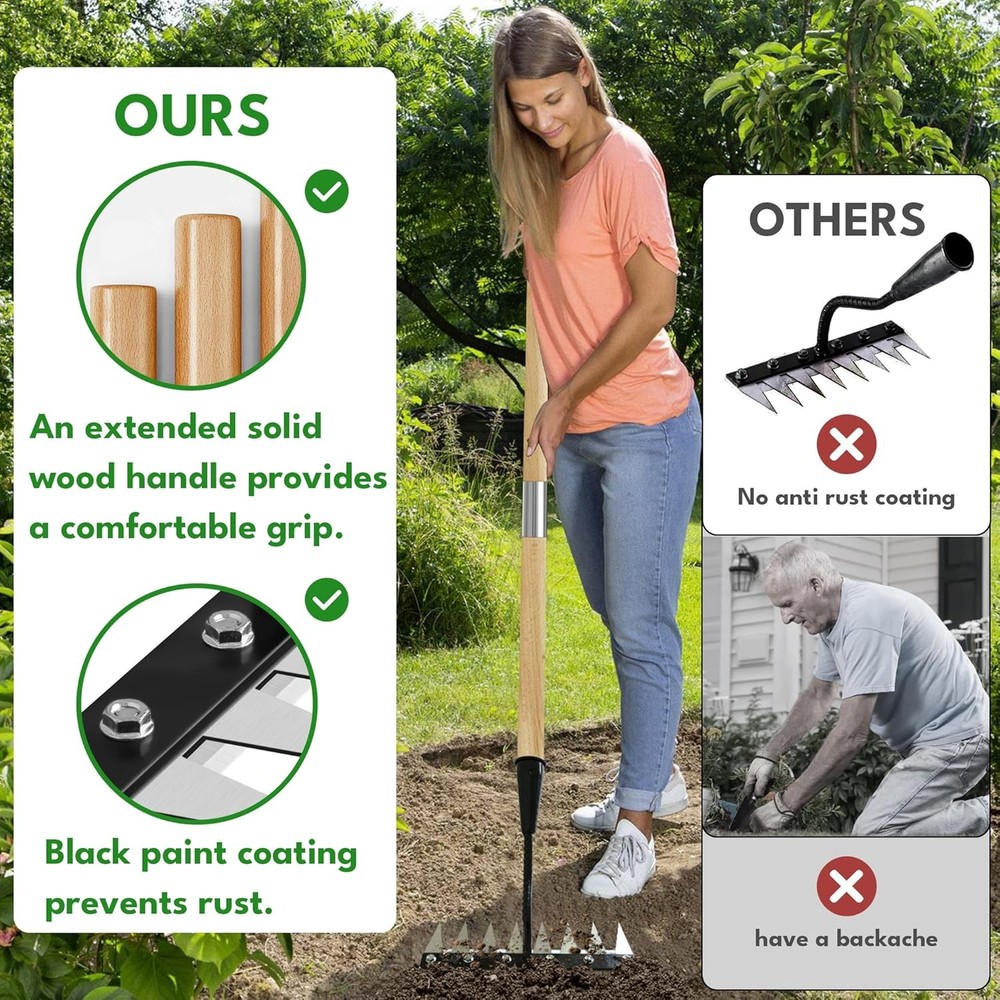 Iron Weeding Rake with Handle 2.0, Upgraded 8 Teeths Garden Weed Puller Tool Hea