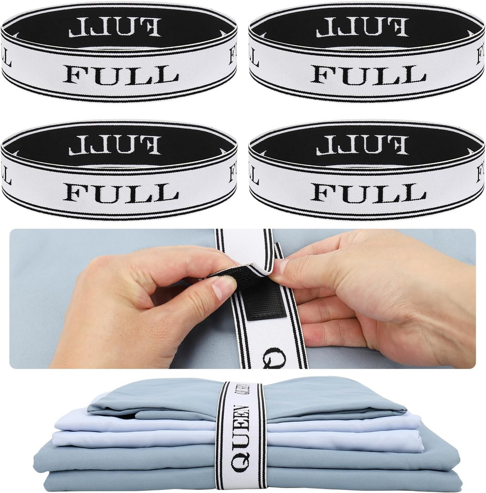 Adjustable Bed Sheet Organizer Bands with Storage Labels - 4 Pack for Full Size