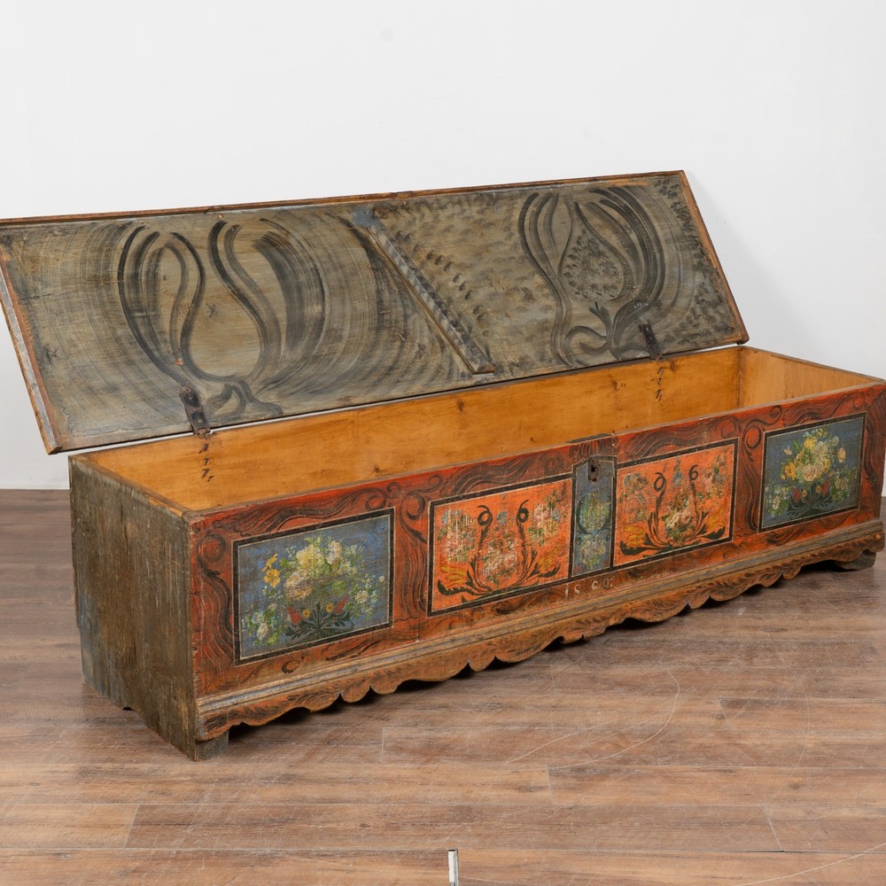 Long Narrow Hand Painted Pine Trunk Bench, Dated 1889