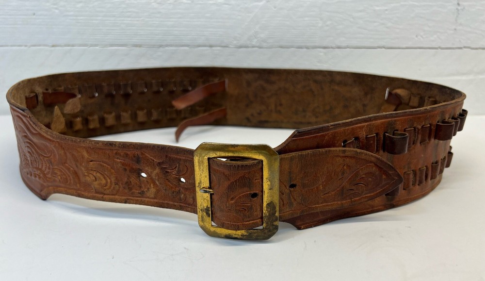 Vintage Hand Tooled Leather Ammunition Belt With Adjustable Loops
