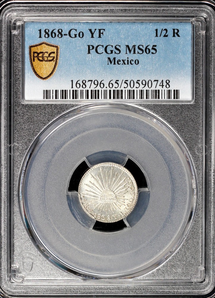 1868-GO YF 1/2R Mexico Half Real PCGS MS 65 *Secure Shield*