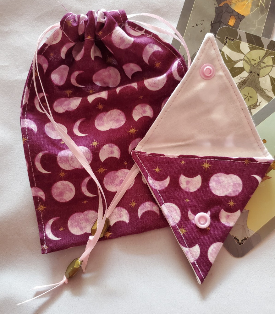 Tarot/Oracle Card Drawstring Bag Handmade Maroon Moon PLUS Crystal Pouch