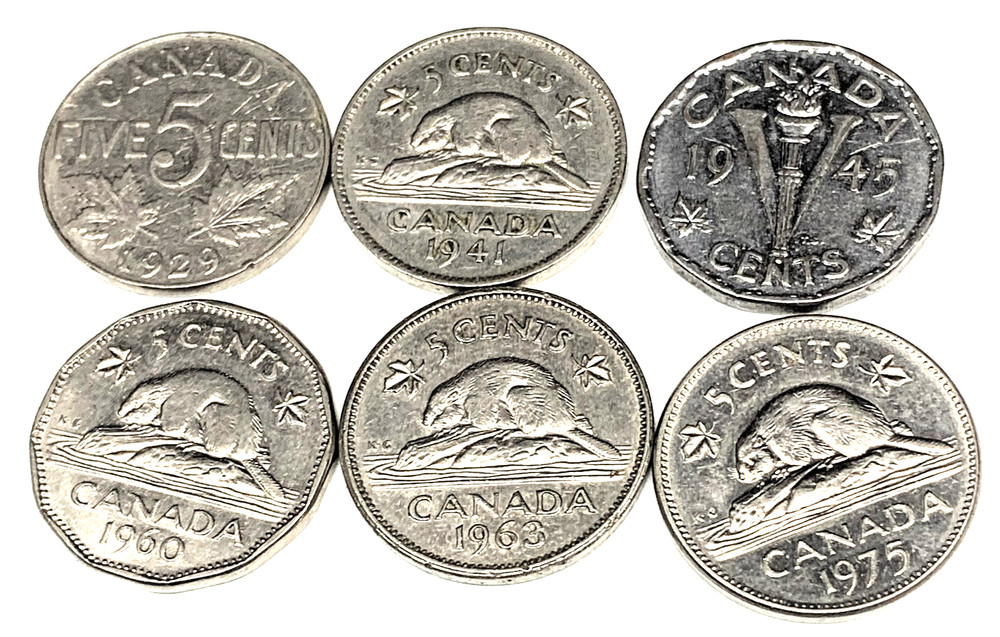 # C8247   CANADA    COINS,     FIVE  CENTS    6  DIFFERENT DATES