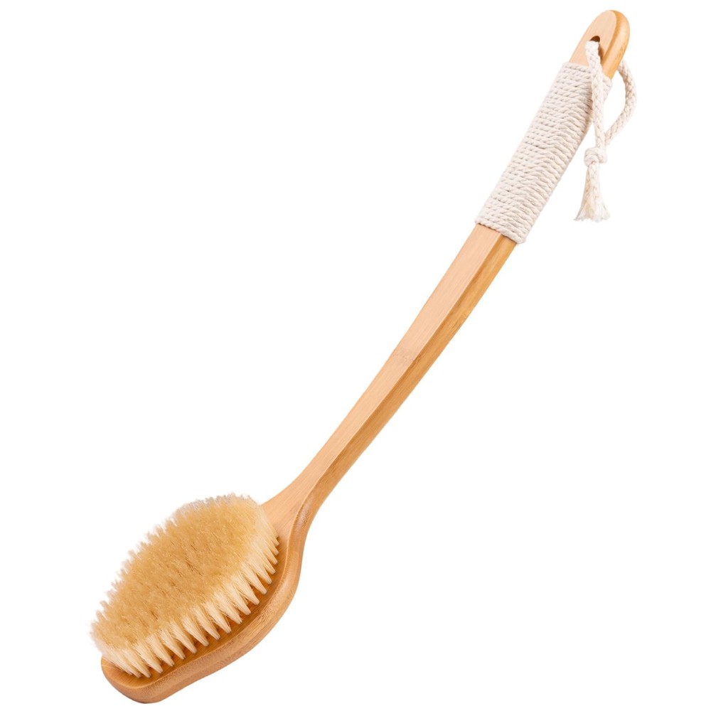 Bamboo Back Scrubber for Shower with Curved Long Handle - Stiff