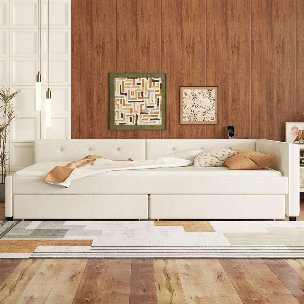 Full Size Daybed Upholstered Bed Frame Sofa Bed with USB Ports & 2 Drawer