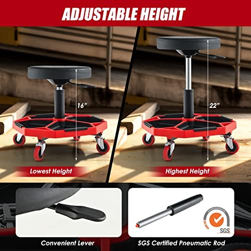Rolling Garage Stool, 16”-22” Adjustable Mechanic Stool with Red & Black