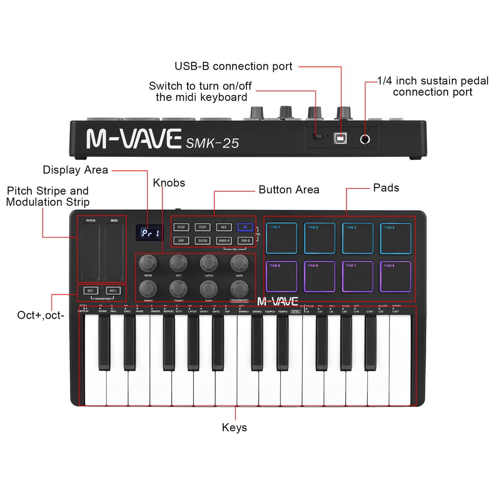 M-VAVE 25-Key USB MIDI Keyboard Controller with 8 Backlit Drum Pads 8 Knobs D9B2