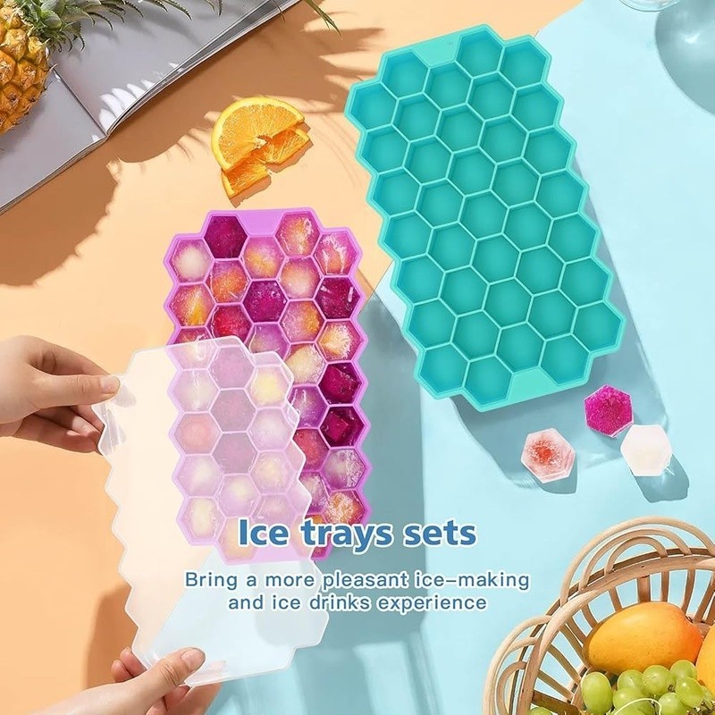Silicone Ice Cube Tray W/ Lid 37 Grid Easy Release Freezer & Party Use