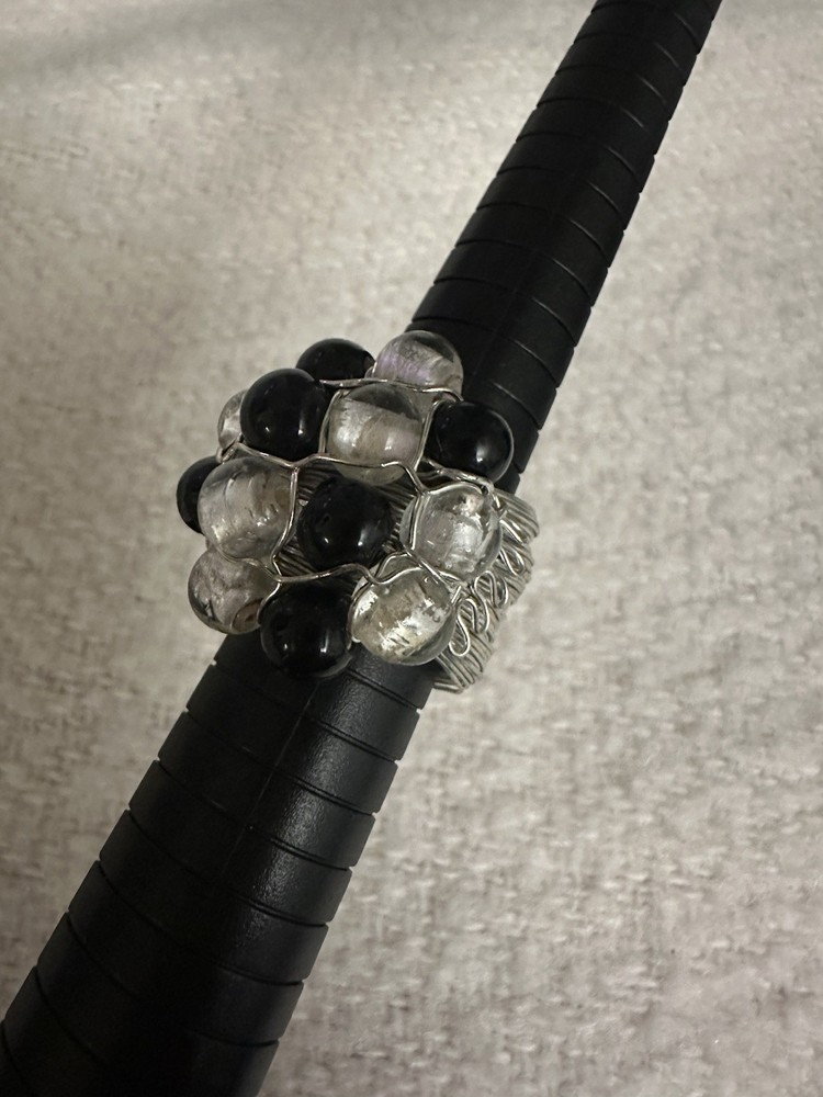 Black Bead & Silver Foil Clear Bead Wire Wrapped Statement Ring Size 9