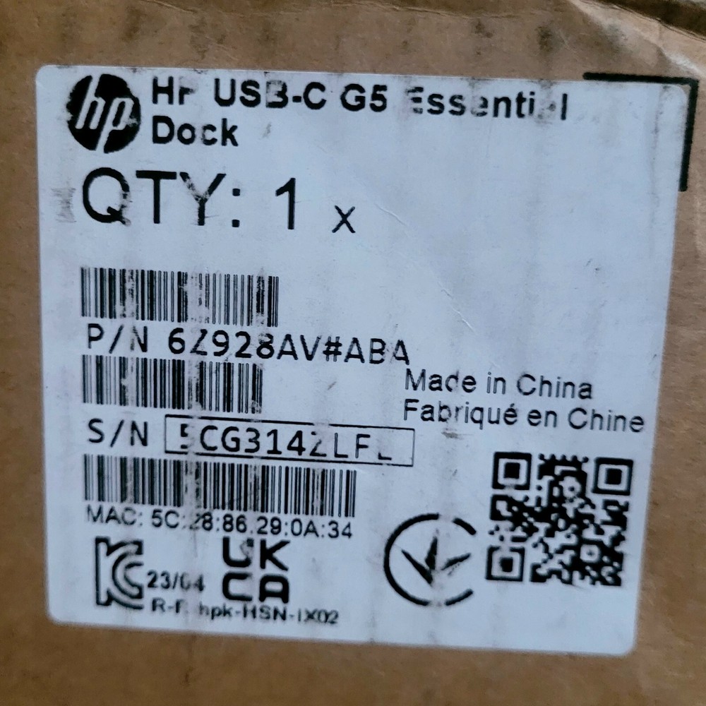 HP USB-C G5 Essential Dock 6Z928AV#ABA New With Open Box