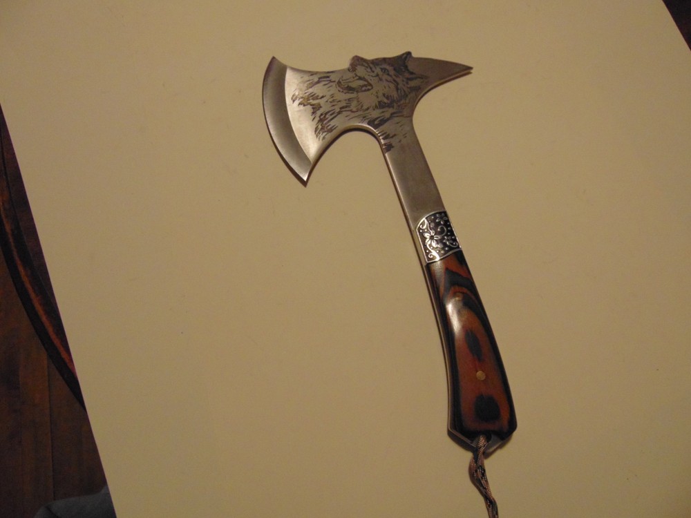 Hatchet With Etched Wolf Face And Wooden Handle