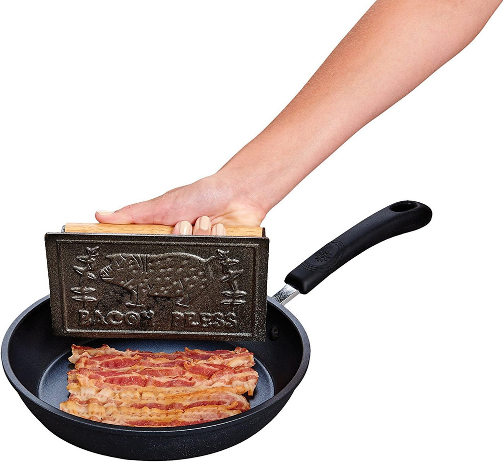 Heavyweight Cast Iron Bacon Press, Rectangular with Wood Handle, Stovetop Use
